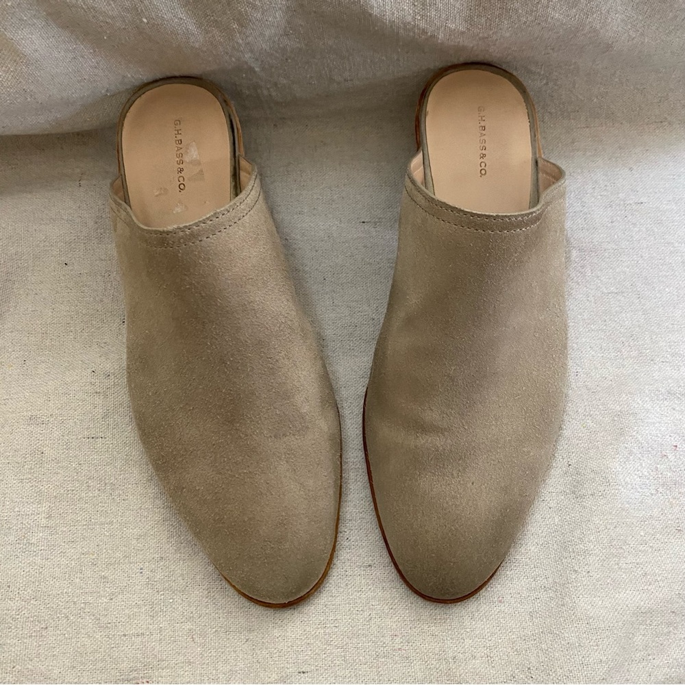 Suede slip on booties.Size 8 1/2.Taupe suede with wood heel. Bass & company